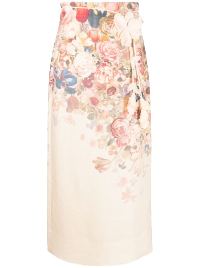 Zimmermann Floral-print Linen Midi Skirt In Pink