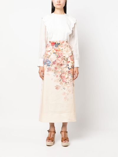 Shop Zimmermann Floral-print Linen Midi Skirt In Pink