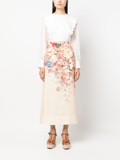 Zimmermann Floral-print Linen Midi Skirt In Pink
