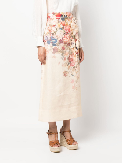 Shop Zimmermann Floral-print Linen Midi Skirt In Pink