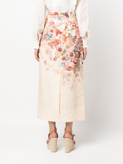 Shop Zimmermann Floral-print Linen Midi Skirt In Pink