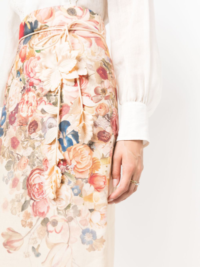 Zimmermann Floral-print Linen Midi Skirt In Pink
