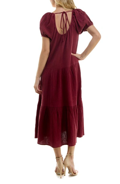 Shop Socialite Puff Sleeve Cotton Gauze Midi Dress In Burgundy