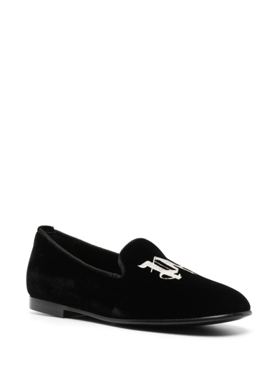 Shop Palm Angels Logo-embroidered Velvet Loafers In Black
