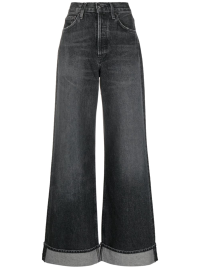 Agolde Dame Cuffed Organic Cotton Wide Leg Jeans In Black
