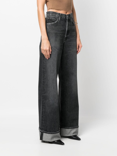 Agolde Dame Cuffed Organic Cotton Wide Leg Jeans In Black