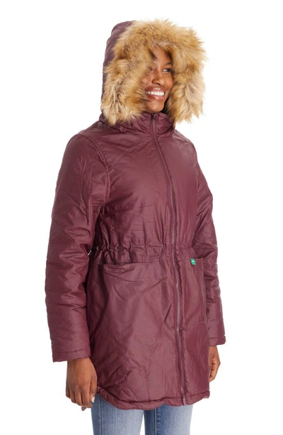 Shop Modern Eternity Sofia Waxed 3-in-1 Maternity Jacket With Faux Fur Trim In Burgundy