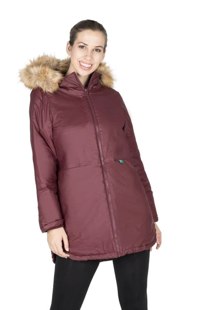 Shop Modern Eternity Sofia Waxed 3-in-1 Maternity Jacket With Faux Fur Trim In Burgundy