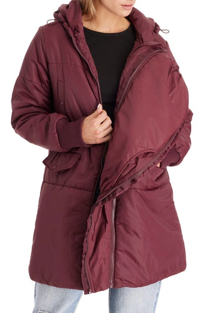Modern Eternity 3-in-1 Hooded Maternity Puffer Jacket In Burgundy