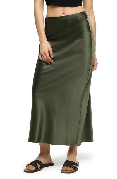 Shop River Island Bias Cut Satin Maxi Skirt In Khaki