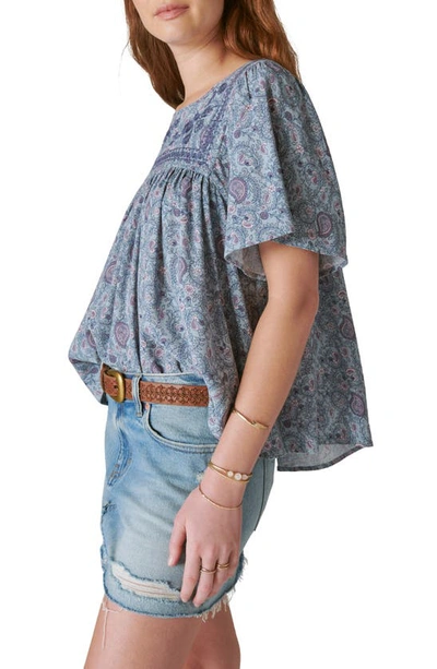 Shop Lucky Brand Embroidered Short Sleeve Top In Dusty Blue Paisley