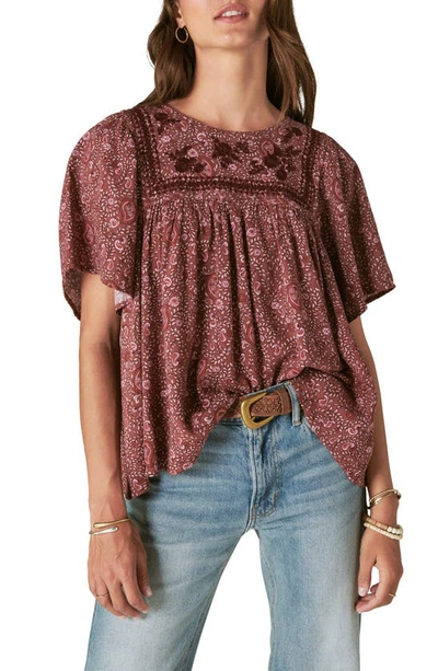 Shop Lucky Brand Embroidered Short Sleeve Top In Rose Brown Paisley