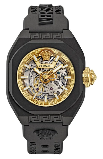 Shop Versace V-legend Skeleton Recycled Polyurethane Strap Watch, 42mm In Black Eco Ceramic