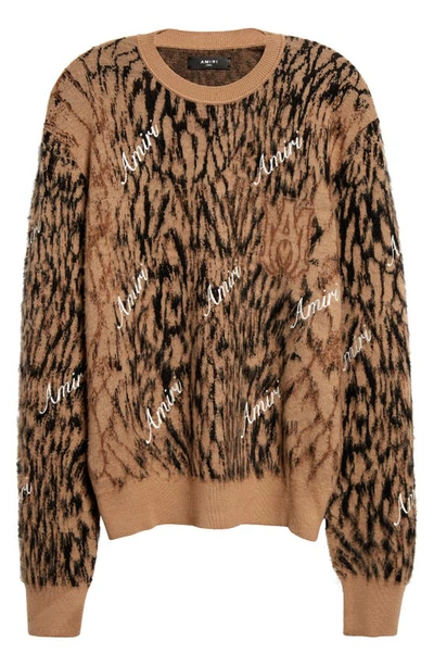 Shop Amiri Logo Embroidered Cheetah Wool Sweater In Brown