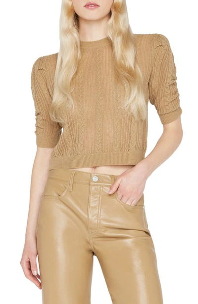 Shop Frame Ruched Crop Short Sleeve Recycled Cashmere & Wool Sweater In Light Camel
