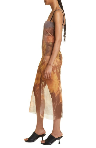 Shop Elliss Sunflower Print Sheer Mesh Midi Dress In Brown Print Multi
