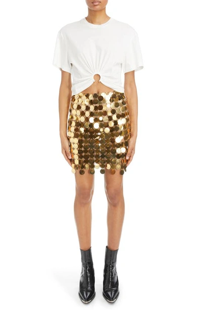 Rabanne White Crewneck Top With Short Sleeves And Ruched Cut-out On The Front In Cotton Woman In Off White