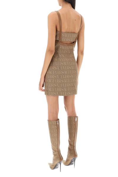 Shop Versace Monogram Mini Dress With Leather Trims In Brown Beige (beige)