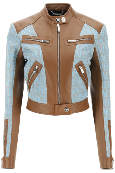 Shop Versace Allover Lamb Leather Biker Jacket In Pale Blue Beige (brown)
