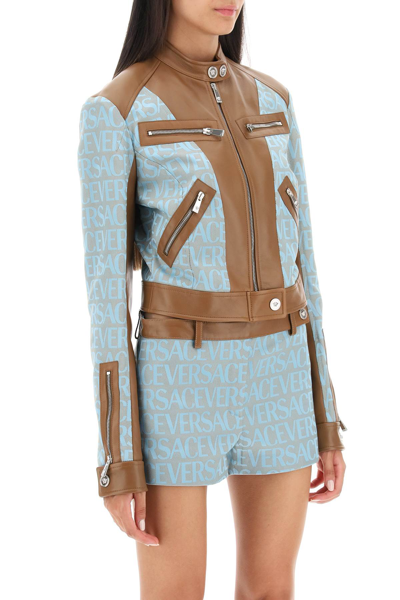 Shop Versace Allover Lamb Leather Biker Jacket In Pale Blue Beige (brown)