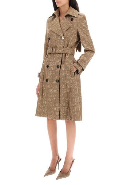 Shop Versace Allover Double-breasted Trench Coat In Brown Beige (beige)