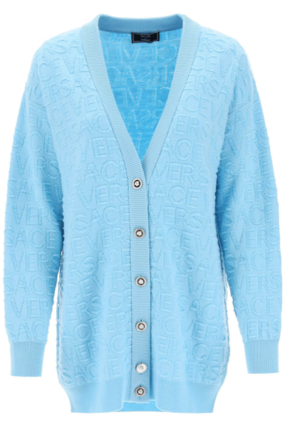 Shop Versace La Vacanza Monogram Maxi Cardigan In Azur (light Blue)