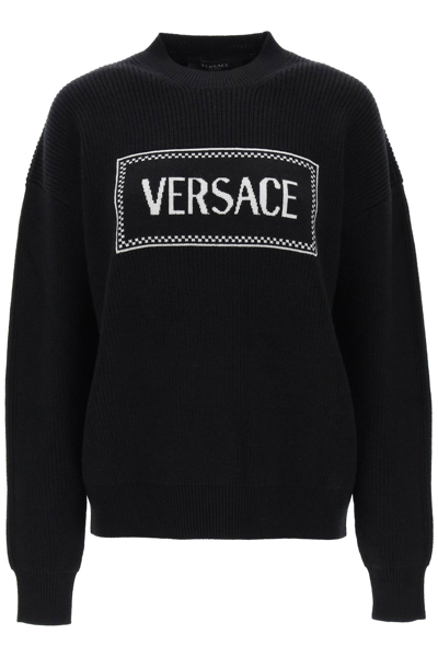 Versace Crew-neck Sweater With Logo Inlay In Black White (black)