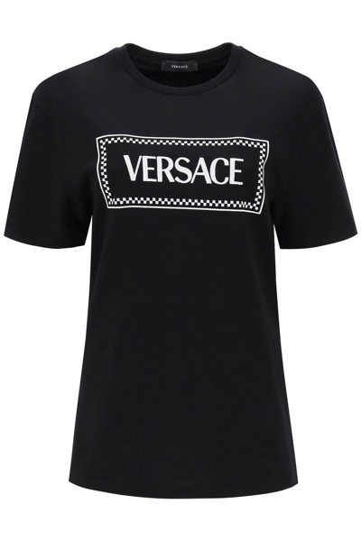 Shop Versace T-shirt With Logo Embroidery In Black White (black)