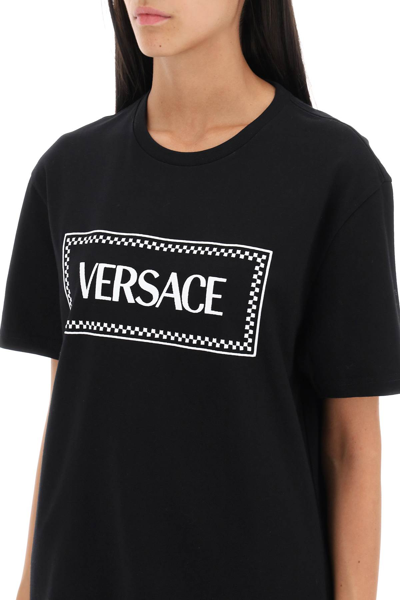 Shop Versace T-shirt With Logo Embroidery In Black White (black)