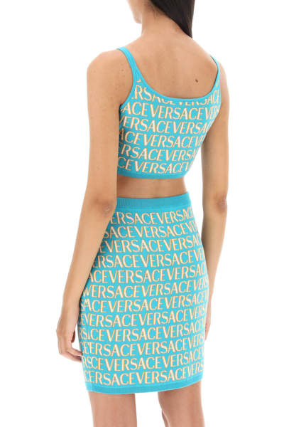 Shop Versace Monogram Knit Crop Top In Turquoise Light Blue (light Blue)