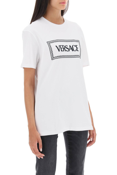 Shop Versace T-shirt With Logo Embroidery In White Black (white)
