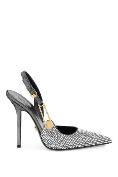 Shop Versace Safety Pin Slingback Pumps In Silver  Gold (silver)