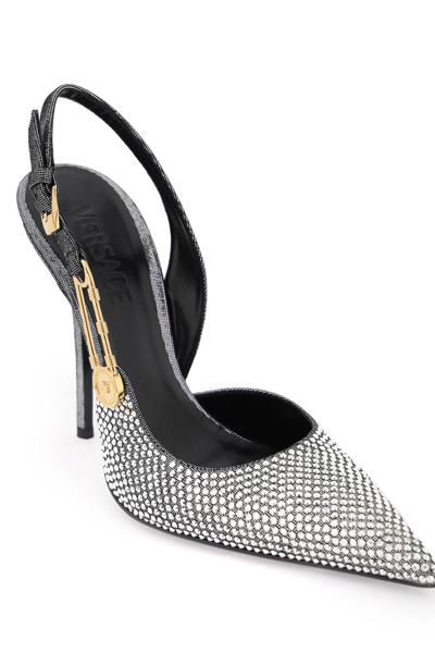 Shop Versace Safety Pin Slingback Pumps In Silver  Gold (silver)