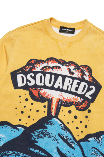 Shop Dsquared2 D2s764u Sweat-shirt Dsquared Cotton Crew-neck Sweatshirt With Volcano Graphics In Lemon Chrome