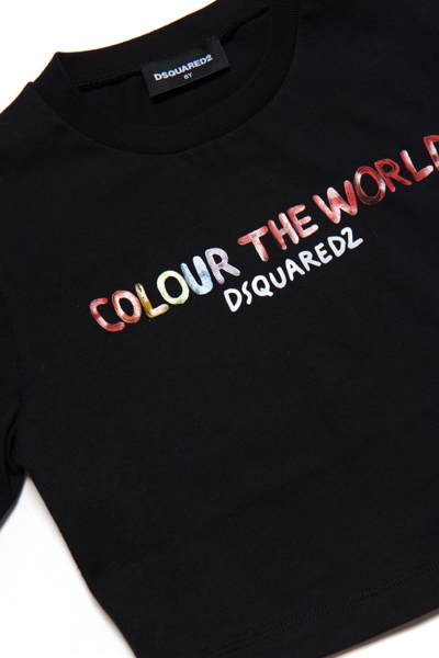 Shop Dsquared2 D2t974f T-shirt Dsquared Cropped Crew-neck Jersey T-shirt With Colour The World Lettering In Black