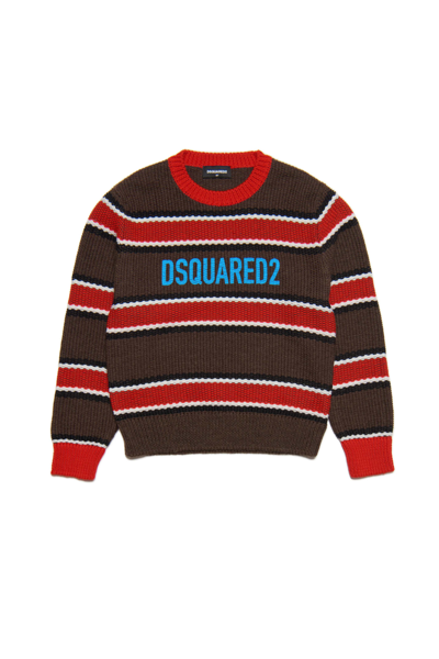 Shop Dsquared2 D2k153u Knitwear Dsquared Striped Wool-blend Crew-neck Sweater With Logo In Slate Black