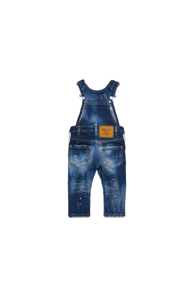 Shop Dsquared2 D2j217b Overalls Dsquared Shaded Dark Blue Denim Dungarees With Patches And Spots