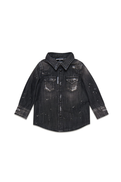 Shop Dsquared2 D2c112b Shirt Dsquared Black Shaded Denim Shirt With Tears And Stains In Denim Black