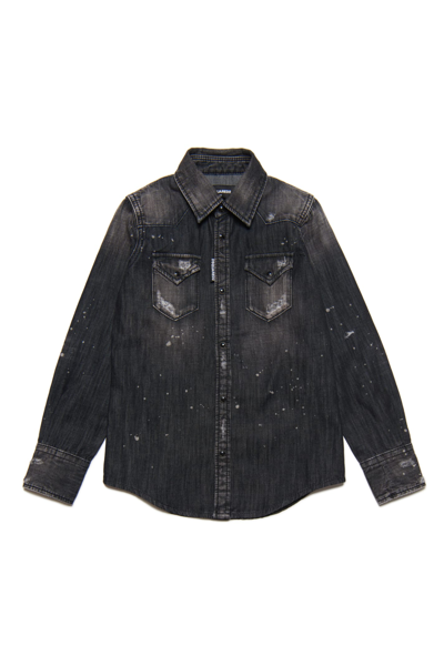 Shop Dsquared2 D2c24avm Shirt Dsquared Black Shaded Denim Shirt With Tears And Stains In Denim Black