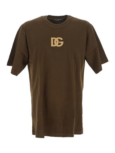 Shop Dolce & Gabbana Logo Print Cotton T-shirt In Brown