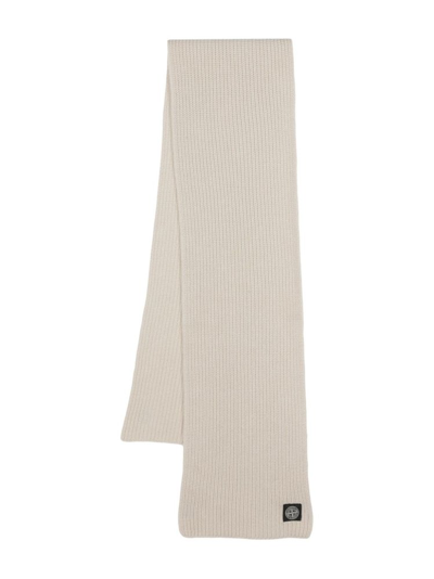 Shop Stone Island Logo Patch Knitted Scarf In Beige
