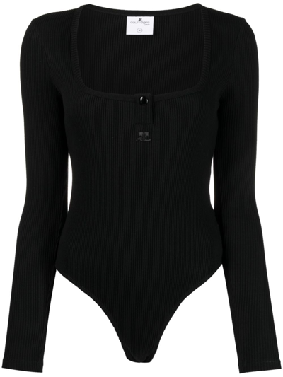 Shop Courrèges Logo-embroidered Long-sleeve Henley Bodysuit In Black