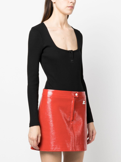 Courrèges Logo-embroidered Long-sleeve Henley Bodysuit In Black