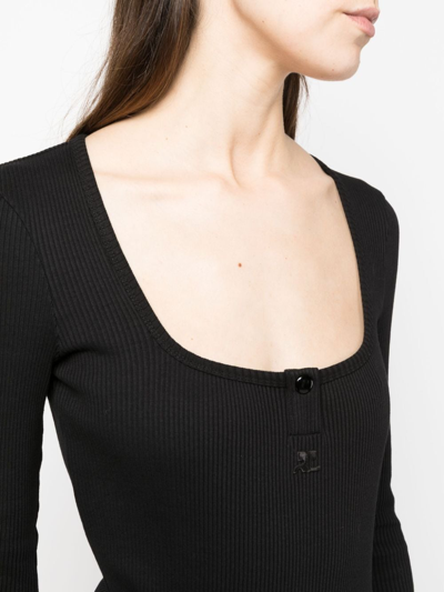 Shop Courrèges Logo-embroidered Long-sleeve Henley Bodysuit In Black