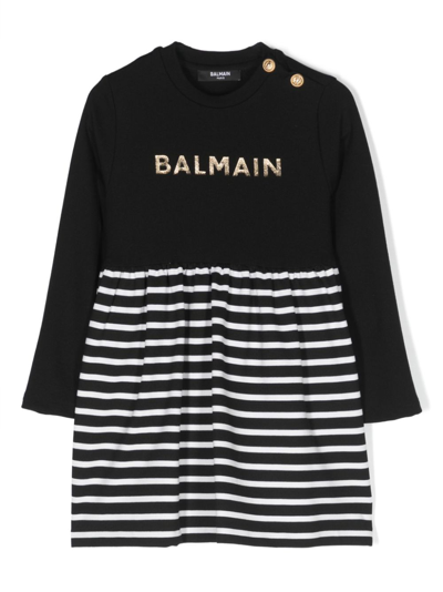 Shop Balmain Logo-lettering Long-sleeve Dress In Black