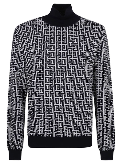 Shop Balmain Monogram Wool &amp; Linen Turtleneck Sweater In Ggd Blanc Bleu Marine Fonce