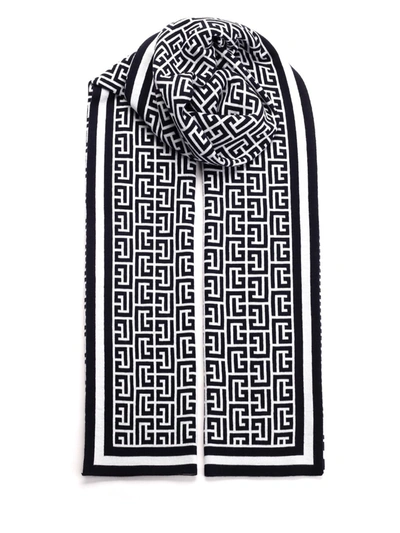 Balmain Monogram-pattern Wool-blend Scarf In Multicolor
