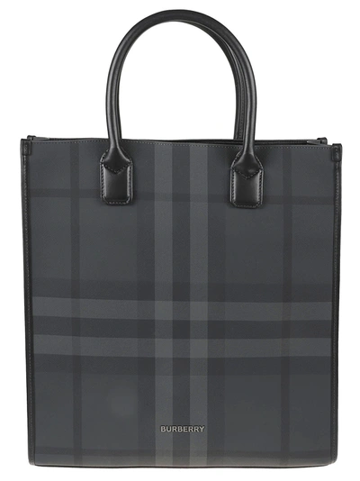 Shop Burberry Round Top Handle Checked Tote In Black