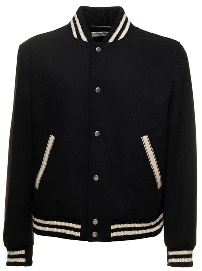 Shop Saint Laurent Teddy Signature Black Varsity Jacket With Striped Trim In Wool Blend Man In Nero