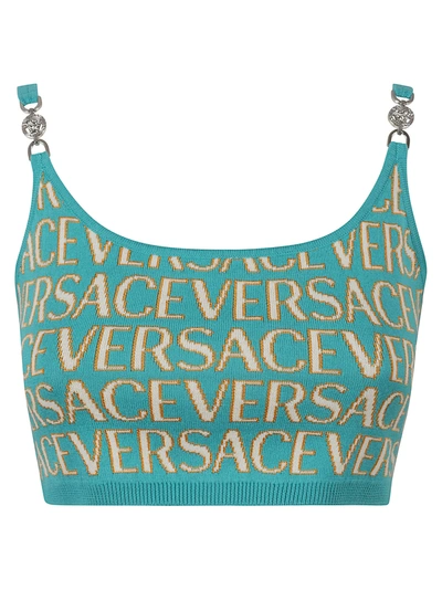 Shop Versace All-over Jacquard Knit Top In Turquoise/light Blue